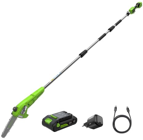 Greenworks 24V 20cm Akku-Hochentaster mit 2,68m Reichweite zum Baumschneiden, Elektrische Kettensäge mit Automatischer Ölung, 6,7 m/s Kettengeschwindigkeit, 2Ah Akku und 30W USB C Ladegerät | 2,68m Reichweite zum Baumschneiden, Elektrische Kettensäge, Automatische Ölung, 6,7 m/s Kettengeschwindigkeit