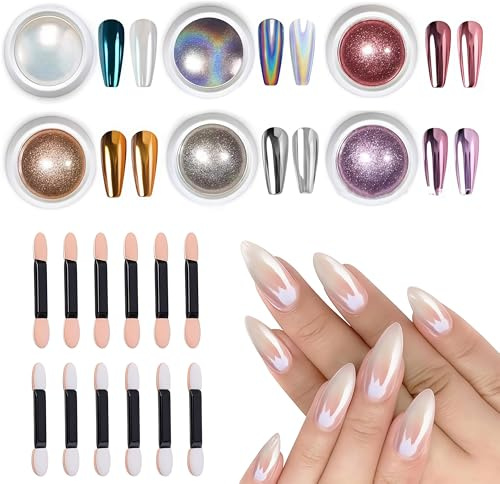 Chrome Nail Powder, Metallic Mirror Effect Holographic Glitter Powder with Ombre Brushes for 3D Designs, Gradient Painting, Nail Art DIY, 18 PCS Nail Art Blooming Brushes Set