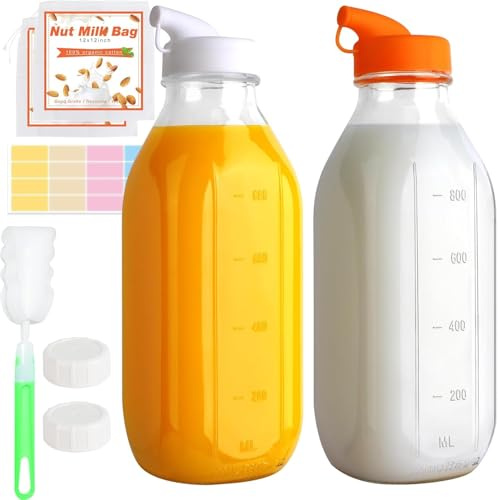 RusseryPek 1000ml / 1 Litre Glass Milk Bottles with Lids, 2 Pack | Reusable Juice Bottles, Liquid Storage for Fridge Coffee Water Smoothie, Includes Capacity Mark & Pour Spout