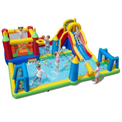 GIANTEX Hüpfburg Kinder, 9-in-1Aufblasbare Wasserrutsche mit Sprungbereich, Wasserspritzbecken, Kletterwand, Basketballkorb, Fußball, Volleyball, Outdoor-Hüpfburg für Garten und Partys, ohne Gebläse