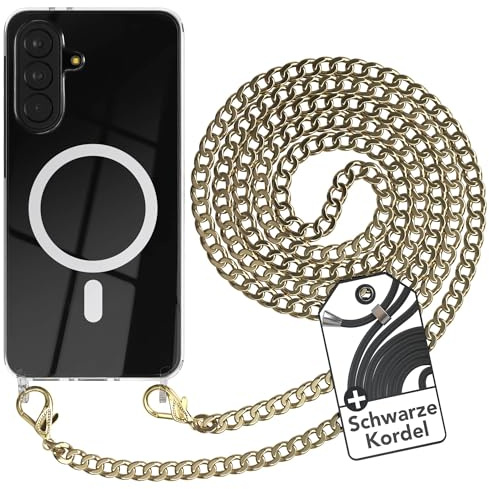 EAZY CASE - Handykette kompatibel mit Galaxy A37 Kette zum Umhängen Stoßfest Handyhülle für Galaxy A37 Silikon Hülle mit Band aus Metall Transparent als Fallschutz in Gold