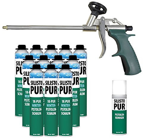 SILISTO PUR 1K Winter Pistolenschaum 12x 750 ml mit Pistole und Reiniger – Profi-Montageschaum, Verarbeitbar bis −10 °C, hohe Ausbeute, B2, Fenster- & Türeninstallation, Hohlraum-Füllung & Abdichtung