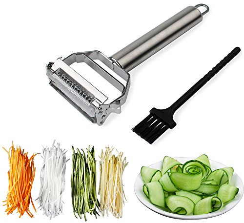 Sunkuka Julienne Peeler Cortador de acero inoxidable con cepillo de limpieza Pro para zanahoria, patata, melón, herramienta de verduras y frutas
