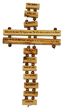 Bethlehem Gifts TM Kruzifix/Wandkreuz aus Olivenholz, verziert mit dem Gebet unseres Vaters (Englische Version) Jerusalem, handgefertigt von Kunsthandwerkern in (Das Herz des Heiligen Landes)