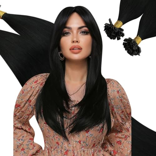 Ugeat Black U Tip Hair Extensions Human Hair 24 inch Keratin Hair Extensions Real Human Hair Jet Black #1 Natural Pre Bonded 50G/50S