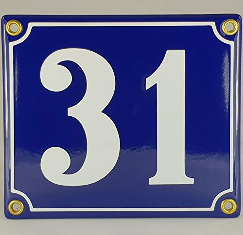 Hausnummer Emaille Schild Nr. 31 Blau-Weiß Handarbeit