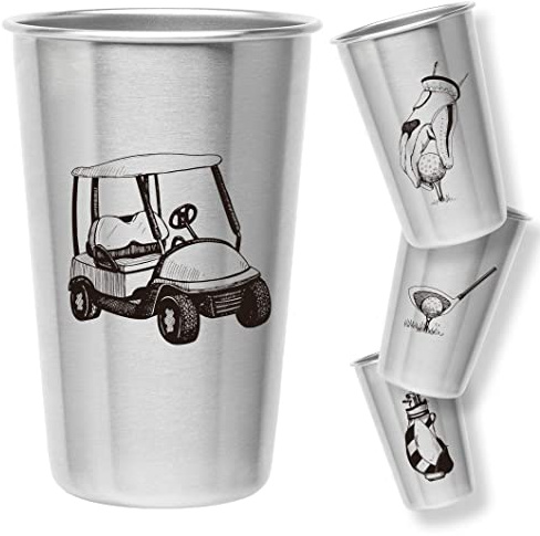 Golf Tumblers - Stainless Steel (Set of 4) - 16oz Capacity - Unique Gift for Dads, Men, and Prize for Golfers. Designs include Golf Cart, Glove/Tee, Driver, and Golfing Bag.