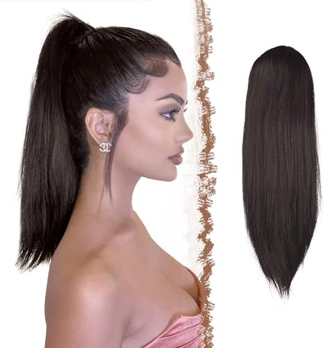 FESHFEN Pferdeschwanz Extensions mit Kordelzug Lang Gerade Zopf Pferdeschwanz Haarteil Glatt Haarverlängerungen Synthetik Drawstring Ponytail Extension für Damen 40 cm Dunkelstes Braun