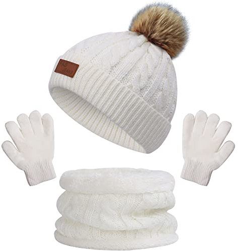 beifon Gorro de Punto Invierno Térmico con Guantes y Bufanda Forro Polar Niños Set Beanie Gorro Sombrero de Punto Invierno Cálido con Pompon para Niños Niñas 3-8 Años (Blanco)