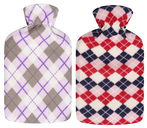 2 x Hot Water Bottles with Soft Fleece Cover - Natural Rubber 2 Litre Capacity - (Diamonds)