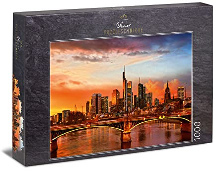 Ulmer Puzzleschmiede - City-Puzzle „Frankfurt Skyline“ - Klassisches 1000 Teile Puzzle – das Puzzlemotiv von Frankfurt am Main im Sonnenuntergang - Top Städte-Puzzle aus Deutschland