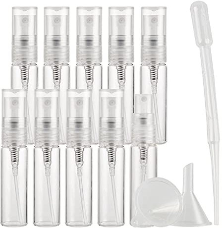 TIANZD Pack of 10 Empty 5ml Clear Transparent Glass Fine Mist Pump Spray Bottles Travel Mini Portable Spray Perfume Cosmetic Containers Sample Vials Refillable with Funnel and Dropper