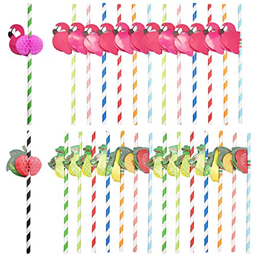 Cocktail Strohhalme,RoadLoo 100 Stück Papier Strohhalme Flamingo Flamingo Deko Geburtstag Strohhalmen Ananas Strohhalme für Tropical Drinks Strand Geburtstag Hochzeit Hawaii Party Deko Hochzeiten