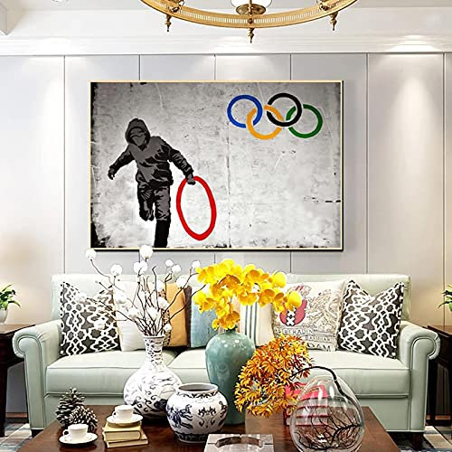 Banksy Artwork Olympische Fünf Ringe Leinwand Malerei Druck Graffiti Street Wall Art Poster Wohnzimmer Dekoration Bild 70x100cmx1 Stück Rahmenlos
