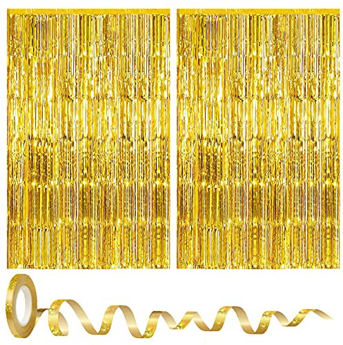 AOT Fringe Foil Curtain, Gold Foil Fringe Curtain Set with 2 Pcs Metallic Tinsel Curtains & Shiney Ribbon, 3.3 * 6.5 ft Streamer Curtain Backdrop for Valentine's Day Birthday Engagement Bachelor Party