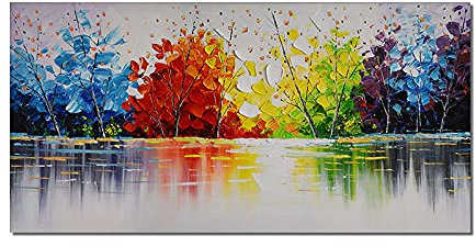MWMG Ölbilder Auf Leinwand Handgemalt,Kreative Bunte Bäume Blatt Flussufer Reflexion Textur Große Ölgemälde Kunst Moderne Abstrakte Kunst Leinwand Wandkunst Gemälde Wohnzimmer Schlafzimmer Wohnkult