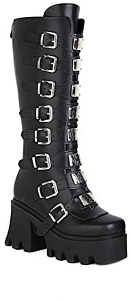 QZPM Stivale Donna al Ginocchio di Pelle Stivaletti Alti Militare Biker Anfibi A metà Polpaccio Stivali,Black2,38 EU