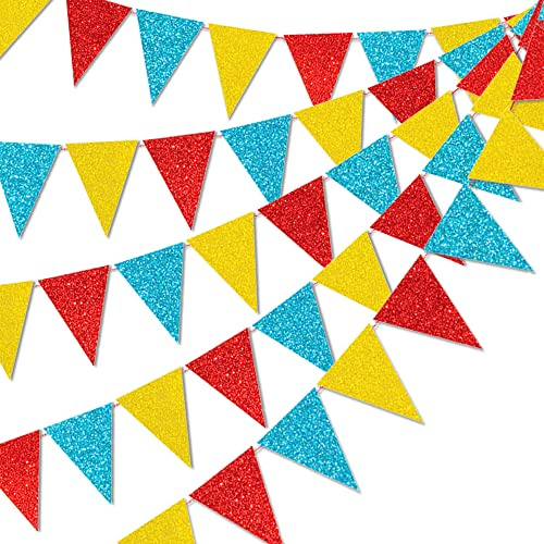 45 Stück bunte Wimpelflaggen – 15 m Karnevalsparty-Girlande, Banner, gelb, blau, rot, Glitzer, Papier, Wimpel, Dreieck-Wimpelkette für Babyparty, Zuhause, Klassenzimmer, Dekoration