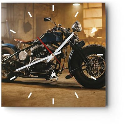 Modern Wanduhr Harley-Davidson Motorrad Motor 30x30cm Quadrat Klein Wand Uhr Glas Analog Zimmeruhren Küche Büro Wohnzimmer Glasuhr Wall Clock Dekoration Design Wanddekoration Küchenuhr C3AC30x30-4233
