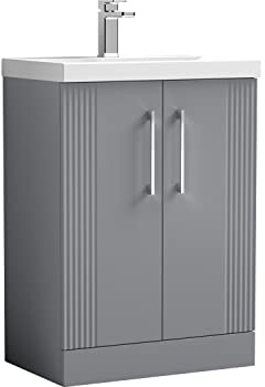 nuie DPF225A Deco Modern Bathroom Floor Standing 2 Door Part Fluted Vanity Basin Unit with Mid-Edge Ceramic Basin, 600mm, Satin Grey