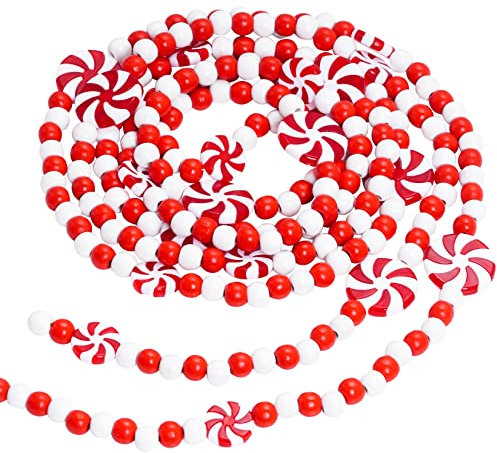 obmwang 3 m Weihnachts-Holzperlen-Girlande, Weihnachtsbaum, Süßigkeiten-Girlande, Holz, rote und weiße Pfefferminze, Süßigkeiten-Perlen-Girlande für Weihnachten, Partyzubehör, Urlaubsdekoration