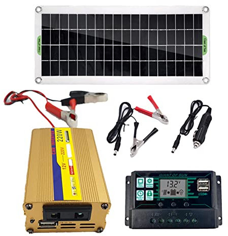MINRUN Kit Onduleur 220W Panneau Solaire Monocristallin 30W avec Contrôleur de Charge Solaire 10A 20A 30A 60A 100A, Fil Pince Crocodile, pour Voiture, Camping-Car, Bateau, Toit, Camping,100A