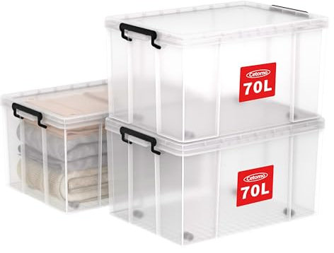 Cetomo 70L*3 Storage Boxes, Stackable Storage Box with Lids, Heavy-Duty Lidded Container with Wheels, Reinforced Corners, Vertical Sides and Clip Closure, Durable, Plastic, Clear, 70L-3Pack