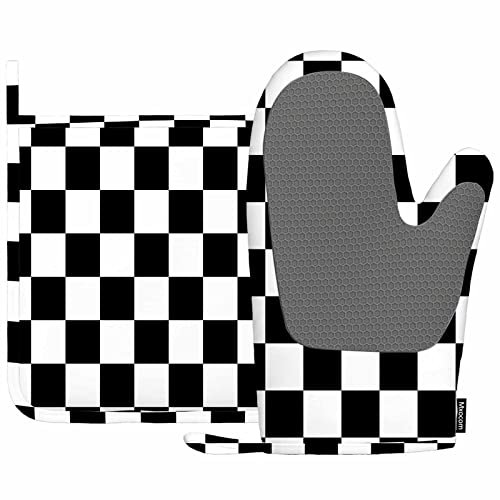 Mxocom Gants Anti Chaleur Cuisine Accessoires, Gant de cuisine et manique en silicone noir et blanc à carreaux géométriques résistants à la chaleur pour cuisson, barbecue, grillades, printemps/été