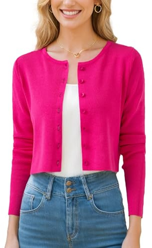Simple&Opulence Cropped Cardigan for Women,Open Front Knit Ladies Sweater,Button Down Long Sleeve Dress Cover-Up,S-L Rose Red