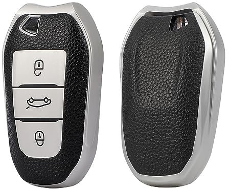 ontto Schlüsselhülle Autoschlüssel Hülle Passt für Peugeot 308 408 508 2008 3008 4008 5008 Citroen C4L C6 C3-XR Picasso DS3 DS4 TPU Silikon Schlüsseletui Schutzhülle Schlüsselanhänger-Leder Silber