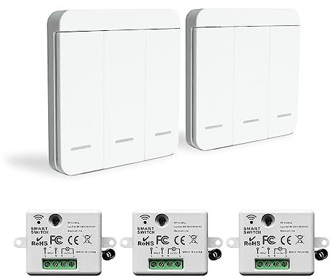 interrupteur sans fil, 86 interrupteur de sécurité RF pour panneau mural et contrôleur de récepteur de relais 10 A, sans câblage, installation facile, pour lumières jusqu'à 1500 W