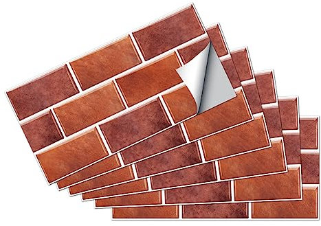 Rotbraune Backsteinmauer Fliesenaufkleber Fliesenfolie Wasserdicht Ölfest Stickerfliesen Deko Selbstklebende Wandfliese für Küche Badezimmer Wohnzimmer, 6 Stück