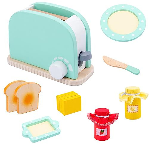 Holz Toaster Set, Kinderküche Zubehör Holz Lebensmittel Spielküche Frühstückszubehör Spielset Puppenküche Zubehör Hölzernes Küche Spielzeug für Kleinkinder Jungen Mädchen