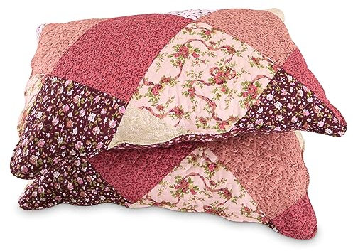 Qucover 2er Set Kissenbezug 50x70cm, 100% Mikrofaser Kissenbezüge Bunt mit Floralen Mustern, Kissenhülle mit Patchwork-Muster, Dekorativ Kopfkissenbezug für Sofa Schlafzimmer Wohnzimmer(Weinrot)