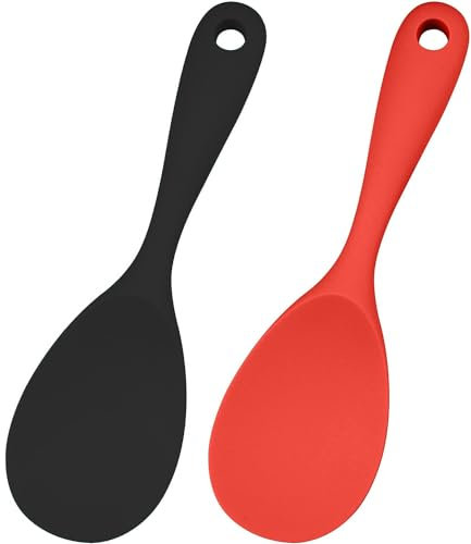 2 Pièces Cuillères de Cuisine en Silicone, Cuillère à Riz Antiadhésive, Cuillère à Riz en Silicone, Résistante Chaleur, Cuillère à Mélanger en Silicone, pour Remuer, Mélanger (Noir,Rouge)