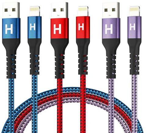 huaham Cargador iPhone [Apple MFI Certified], 3pack 1,8m en color púrpura rojo azul, Lightning de nylon Lightning Fast Charging cable compatible con iPhone 14/13/12/11 Pro Max