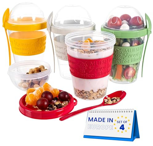 spar-home® Set di 4 bicchieri per yogurt To Go da 600 ml, con cucchiaio, con coperchio per yogurt, cereali, cibo in viaggio, ufficio, scuola (set da 4)