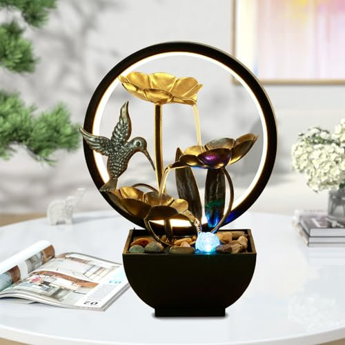 Fontaine d'intérieur de table avec anneau lumineux LED alimenté par USB Fontaine à eau cascade de bureau Fontaine à eau zen pour méditation, relaxation, décoration de maison et de bureau (colibri)