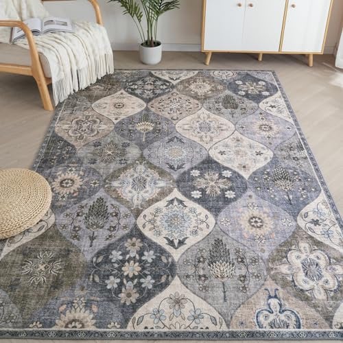 Xfrog Blumen Boho Rutschfester Waschbarer Teppich Klein Ultraweicher Antiker Teppich Wohnzimmer Niedriger Flor Flächenteppich für Schlafzimmer, Kinderzimmer 120 x 160 cm