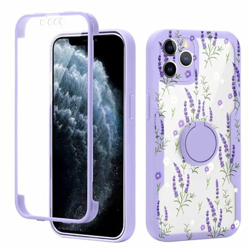 Yoedge Kickstand Phone Case for iPhone 11 Pro Max 6.5, 360°Rotatable Magnetic Ring Holder Cases,Full Body Shockproof Silicone TPU Back Cover with Built-in Screen Protector, Purple Flower