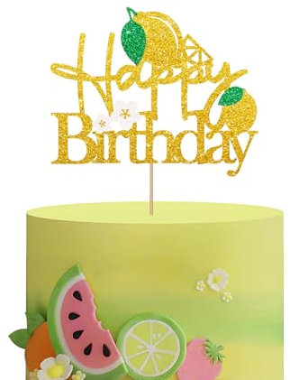 Lemon Happy Birthday Cake Topper, Lemonade Party Cake Decor, Gold Glitter Lemon Fruit Cake Topper for Boys Girl Birthday, Summer Fruits Theme Baby Shower Party Decoration