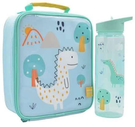 Kichna Kids Doodle Dino Insulated Lunch Bag and Water Bottle Set Childrens Cooler Bag and Water Bottle with Flip Up Spout Straw