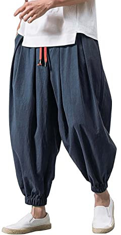 Pantalon Sarouel élastique Mode pour Hommes Pantalons Larges Décontractés Japonais, Sarouel Coton et Lin D'été Baggy Pantalon Large Ample Harem Pants Pantalon de Sport Jogging Hip Hop Streetwear Plage
