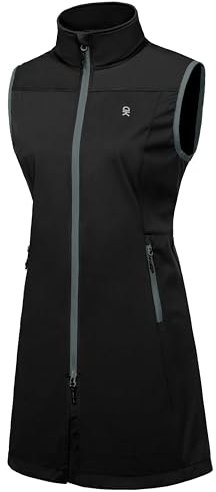 Little Donkey Andy Leichte Softshell-Weste für Damen in langer Ausführung Outdoor-Weste für Damen Lang Winddichte ärmellose Jacke zum Wandern Schwarz L