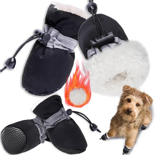 4PCS Hundeschuhe,Hundeschuhe Pfotenschutz,Schneestiefel für Hunde,Geeignet für Kleine und Mittelgroße Hunde, rutschfest und Warm Im Winter, Geeignet für Outdoor-Aktivitäten (Schwarz 3)