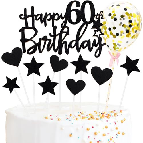 Tortendeko 60 Geburtstag Frau Mann, Schwarz Happy Birthday Cake Topper Geburtstag mit Konfetti Luftballon, Glitzer DIY Geburtstagskuchen Deko, Happy Birthday Kuchen Deko 60 Jahre Geburtstag