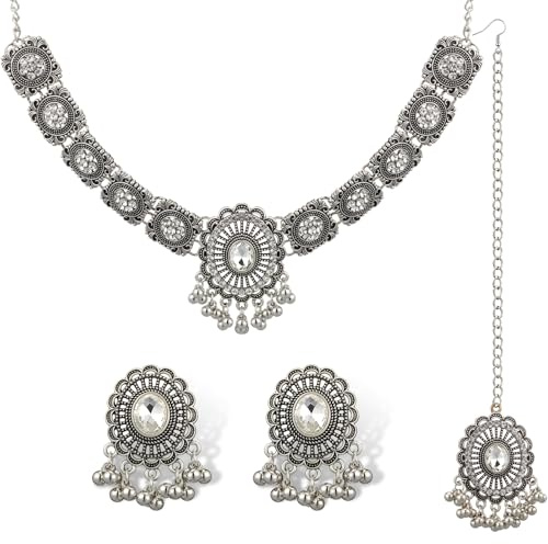 QUELAY 3-teiliges indisches Schmuck-Set für Damen, traditionelles indisches Statement-Halsband, Halskette, Ohrringe, Stirnschmuck, Geschenke, Strass, Maang Tikka, Braut-Set
