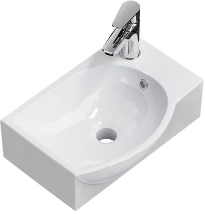 EMKE Lavabo suspendu 405 x 280 x 140 mm - Lavabo compact et élégant pour petites salles de bains et WC d'invité - Robinet à droite, installation murale, blanc brillant