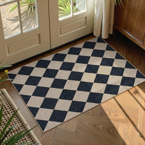 Lahome Checkered Easy Jute Kitchen Rug, 2x3 Front Door Mat Non Slip Washable Neutral Area Rug, Farmhouse Diamond Non Shedding Low Pile Floor Carpet for Entryway Porch Doorway