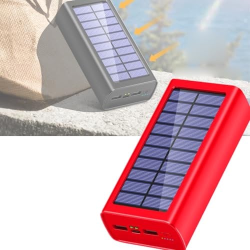 Gorger Solar Charger Power Bank, 30000mAh/50000mAh/100000mAh Portable Outdoor, Waterproof Phone with LED Light, Dual USB Ports, Type-C Input for Camping, Hiking, Travel（Red） (Red,50000)
